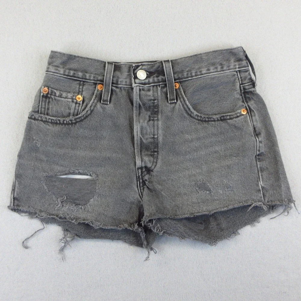 Levi's 501 Shorts Women W25 Gray Distressed Denim Cut Off High Rise Button Fly